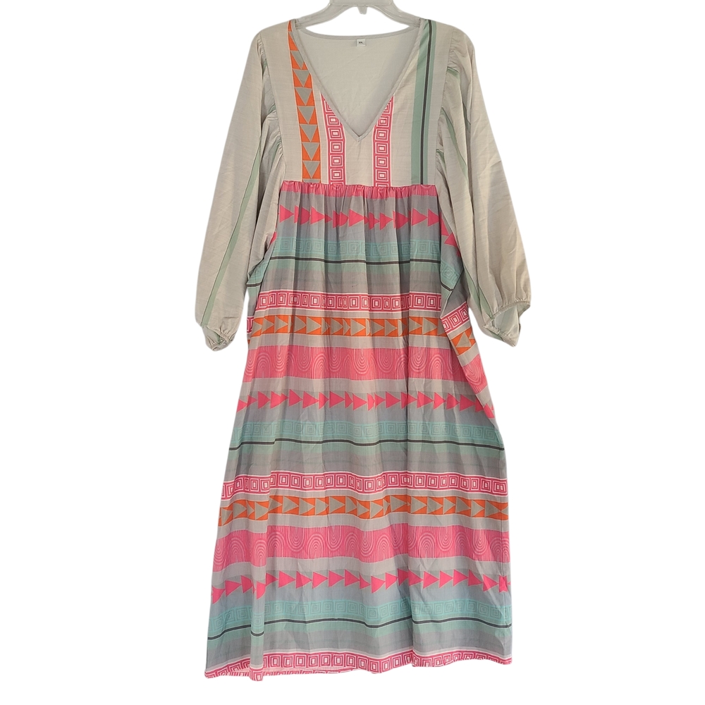 Boho Geometric Print Balloon Sleeve Maxi Dress XXL V-Neck Pink Orange